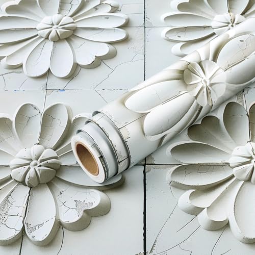 Livelynine 17.5x276 White 3D Peel and Stick Wallpaper Tiles Wall Covering Panels for Kitchen Basement Removable Modern White Bathroom Ceiling Wallpaper Waterproof 3D Floral Contact Paper for Walls - size: 17.5" x 276"