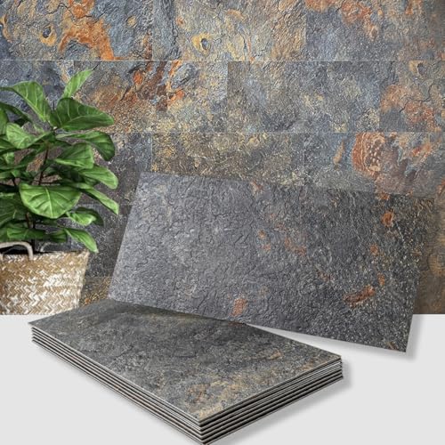 AULIGET 6" x 12" Rust Slate Peel and Stick Backsplash Wall Tiles, PVC Faux Stone Stick on Tiles for Backsplash Kitchen, Bathroom, Laundry Room, Camper, Fireplace (Pack of 20) - color: Rust Slate, size: 20 Sheets, 6"x12"x0.12"