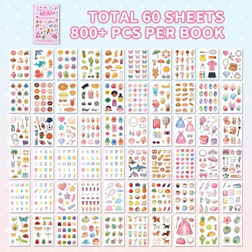 Cute Sticker Book,Set of 2 Sticker Books, Kawaii Aesthetic Stickers with Flowers,Donuts,Cats,Balloons,Y2K,Plants and Sweet Desserts,Scrapbooking Stickers for Journals,Water Bottles,Notebooks