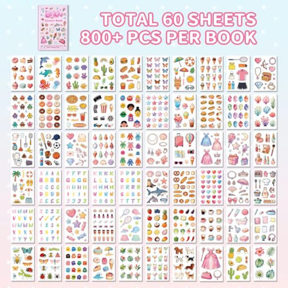 Cute Sticker Book,Set of 2 Sticker Books, Kawaii Aesthetic Stickers with Flowers,Donuts,Cats,Balloons,Y2K,Plants and Sweet Desserts,Scrapbooking Stickers for Journals,Water Bottles,Notebooks
