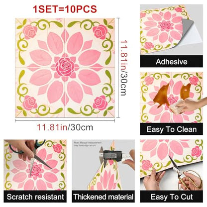 HOMETITUTE Pink Rose Floral Peel Stick Vinyl Floor Tile 12x12 Inch - style: Pink Rose Floral