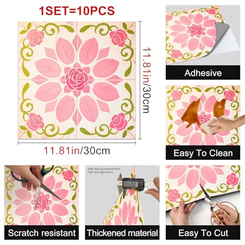 HOMETITUTE Pink Rose Floral Peel Stick Vinyl Floor Tile 12x12 Inch - style: Pink Rose Floral