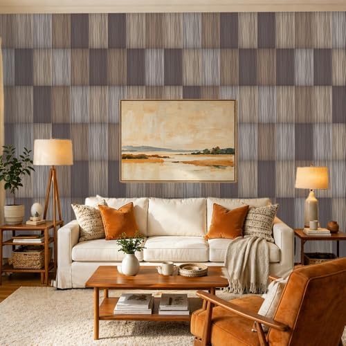 Chunlei Peel and Stick Wallpaper, Brown Grey Plaid Wood Grain Pattern, 236in x 17.7in, Waterproof Vinyl, Removable Reusable, Eco-Friendly, for Bedroom Living Room Rental Apartment - color: Beige02, size: 17.7" x 236.2"