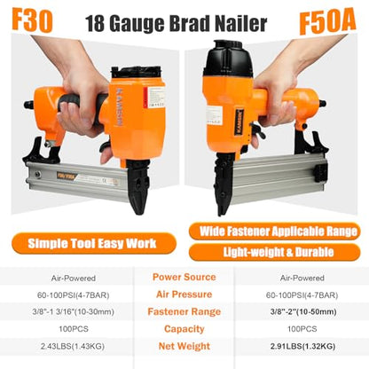 F50A Pneumatic Brad Nailer, 18 Gauge Finish Nailer with Safety
