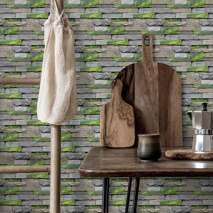 Alwayspon 24Pcs 12x6inch Peel&Stick Wall Sticker Vinly Wallpaper, Waterproof Backsplash for Kitchen Bathroom, Self-Adhesive Tile Transfers Decal Stick on Tiles with GreenYellow Stone Brick Effect - color: Fg-l15, size: 24 Pcs