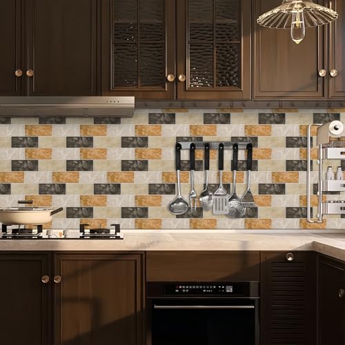 10 Sheets Backsplash for Kitchen Wall Peel and Stick 12"X12" Adhesive Back Splash Tile Flat Vinyl Sticker on Renter Friendly for Bathroom Brown Marble 2-6 (Not 3D Tile) - color: Light Brown Marble