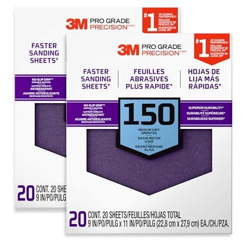 3M Advanced Sandpaper, 20-Pack, 150 Grit, 3M Pro Grade Precision, Features No-Slip Grip Backing, 9-in x 11-in, for Sanding Wood, Drywall, Metal, Can be Used on Wet/Dry Surfaces. ‎26150CP-P-G, 2-Pack - size: 2-Pack (40 Sheets)