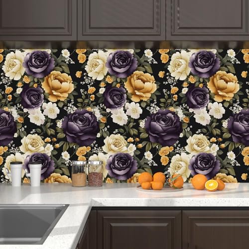Laatse Dark Peony Peel and Stick Wallpaper 17.5" x 118",Beige/Black - color: Purple/Beige, size: 118" x 17.5"