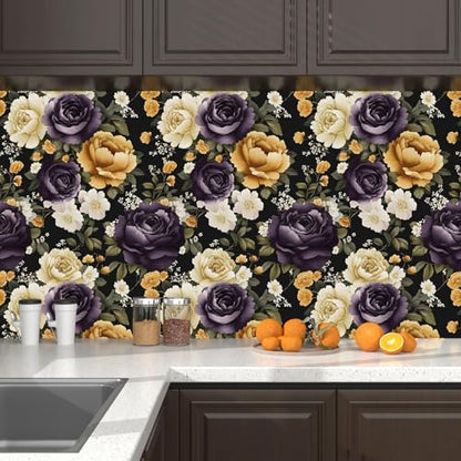 Laatse Dark Peony Peel and Stick Wallpaper 17.5" x 118",Beige/Black - color: Purple/Beige, size: 118" x 17.5"