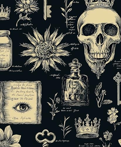 Laatse Gothic Black Beige Skull Floral Wallpaper Peel and Stick 17.5"x118" - color: Black&Grey, size: 17.5" x 118"