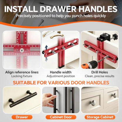 Cabinet Hardware Jig, Adjustable Cabinet Handle Jig Drill Guide Template for Knobs & Handles, Precision Hole Locator Tool for DIY Cabinet Installation, Fits 2.5" to 7.5" Spacing