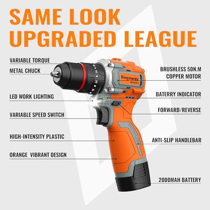 Brushless Cordless Drill Set, 16.8V 4-in-1 Electric Drill Driver with Impact Function, 50 N.m Power Drill Kit with 36 Accessories, 2 Batteries, Metal Chuck, 35 Torque Settings & Toolbox