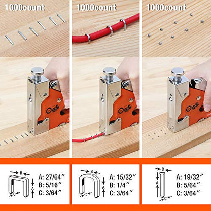 ValueMax Staple Gun, Heavy Duty 3-in-1 Manual Nail Gun with 3000 Staples, Upholstery Stapler for Wood, Furniture, Carpet, Carpentry, DIY, Wire, Decoration, Craft, Fixing Material, Decoration - style: Orange & 3000 Staples