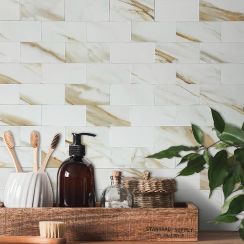 AULIGET 100-Piece Calacatta Gold Marble Look Peel and Stick Backsplash Wall Tiles, 3" x 6" Faxu Stone PVC Stick on Tile for Backsplash Kitchen, Bathroom, Laundry Room, Camper, Fireplace - color: Calacatta Gold