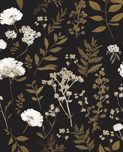 Laatse Vintage Dark Floral Leaf Peel and Stick Wallpaper 17.5"x393" - color: Bright White&Light Gold, size: 393" x 17.5"