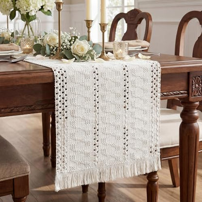 Boho Macrame Table Runner with Tassels 90in White Farmhouse Runner - color: White, size: 12'' x 90''