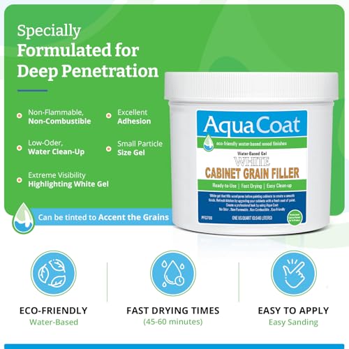 Aqua Coat Water-Based White Cabinet Wood Grain Filler Gel – Fast Drying, Low Odor White Wood Filler, Sandable & Paintable for Interior & Exterior Repairs, Upgrades & Restorations (4 Quarts) - size: 4 Quarts