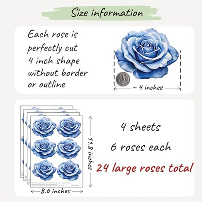 Watercolor Roses Wall Decals, 24 Large Easy Peel & Stick Roses Stickers, Premium Removable and Repositionable Floral Wall Art Fabric Stickers (Blue) - color: Blue