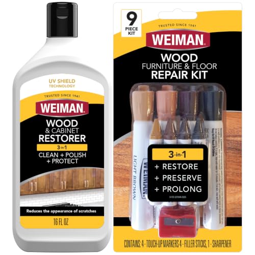 Weiman Wood Restore and Repair Kit, Wood Floor Scratch Repair, Furniture Markers Touch Up, Cabinet Cleaner, Removes Dirt & Reduces Scratches, Safe for Table, Desk, & Chair, UV Shield Technology