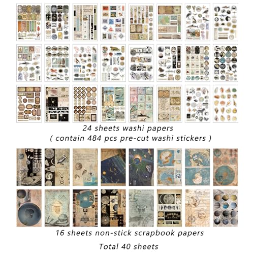 Prstincol Vintage Aesthetic Washi Stickers and Papers, 40 Sheets - style: celestial ocean