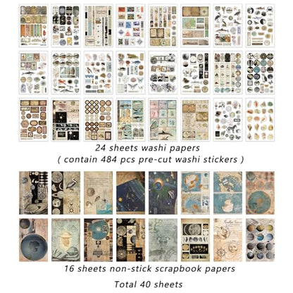 Prstincol Vintage Aesthetic Washi Stickers and Papers, 40 Sheets - style: celestial ocean