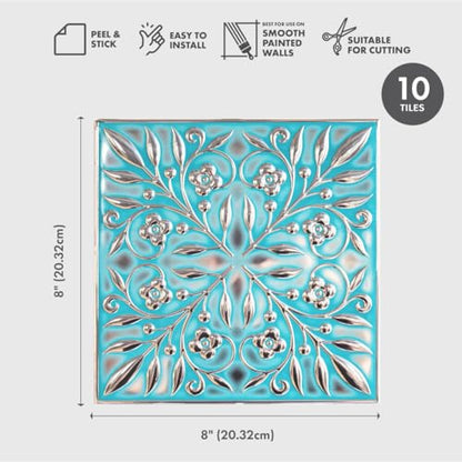 Peel and Stick Metal Tiles, Teal & Silver Leaves, 10-Pack - style: Teal and Silver Leaves