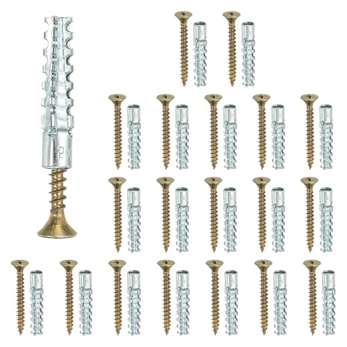 PATIKIL 20 Pcs Drywall Hollow Wall Anchors with Screws 0.16 x 1.38, Steel Dry Wall Anchors Kit for Wooden Concrete Plaster Hinge Hole Repair, Silver (5 x 30mm) - size: 5 x 30mm