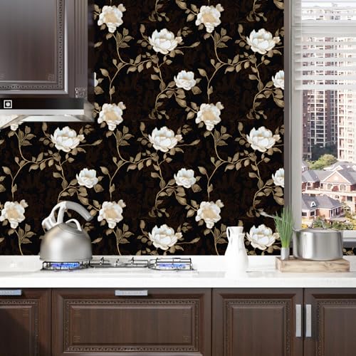 Black White Retro Floral Peel and Stick Wallpaper 17.5" x 78.8" - color: White, size: 78.8" x 17.5"