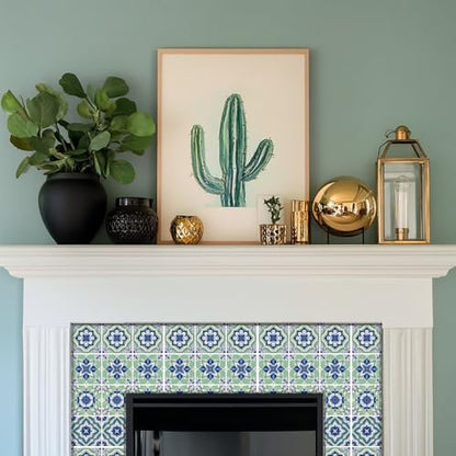 36 Pcs 4 Style Retro Pastoral Pattern Tile Stickers, 4x4inch - color: Blue-green Pattern