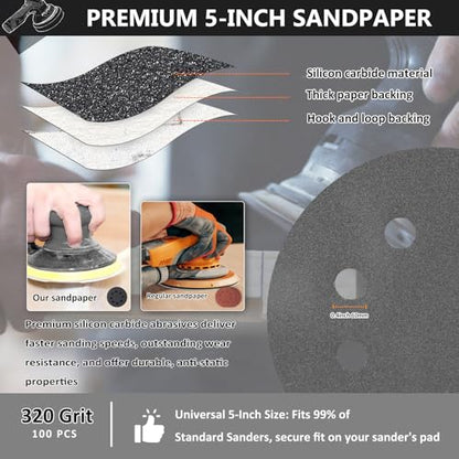 100PCS 5 Inch Sanding Discs 320 Grit, Wet Dry Hook and Loop Sandpaper - style: 320Grit
