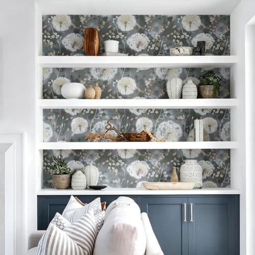 Nukofal Dandelion Wallpaper Peel and Stick Floral Wallpaper 16.9"x196.8" - color: Dark Gray, size: 16.9" x 196.8"