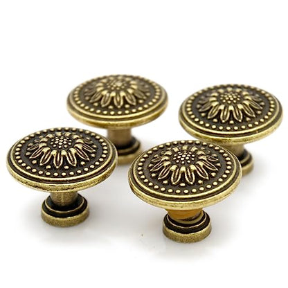 LXZ 4 PCs Vintage Antique Brass Knobs Handles – Cabinet Knobs Pulls Handles with Distressed Antique Brass Finish - Diameter 1.2" (31 mm) & Height 1" (25 mm)