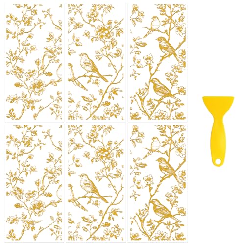 Peacoblue Gold Branches, Birds Rub On Transfers for Furniture 6"x12"