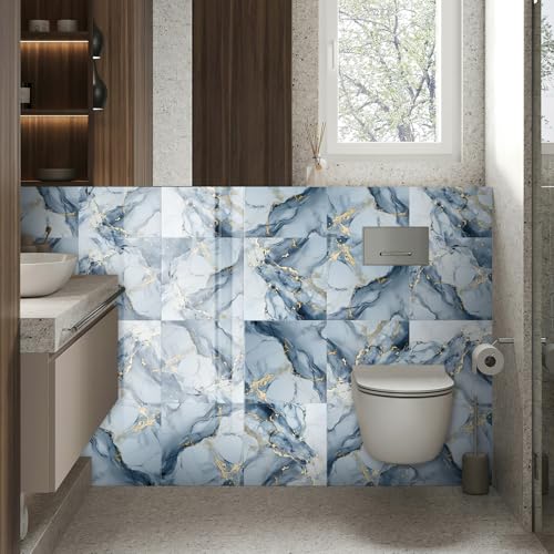 10 Sheets Marble Peel and Stick Backsplash Tile, 12"x12" Waterproof PVC Self Adhesive Tile Shower Wall Panels for Bathroom, Kitchen, Living Room (Metallic Blue) - color: Metallic Blue