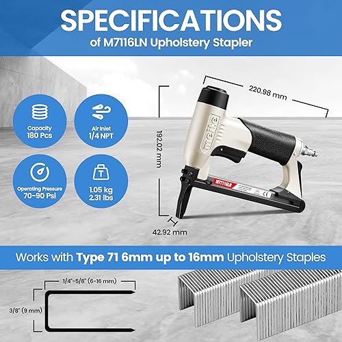 meite MT7116LN Pneumatic Upholstery Stapler 22 Gauge 71 Series 3/8" Crown 1/4" to 5/8" Length Long Nose Stapler