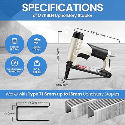 meite MT7116LN Pneumatic Upholstery Stapler 22 Gauge 71 Series 3/8" Crown 1/4" to 5/8" Length Long Nose Stapler