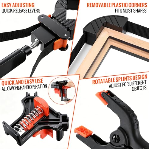 Feekoon 23FT Woodworking Frame Clamp Strap Set, 6 PCS Corner Clamping Kit Include 2 Frame Strap Clamps, 2 Corner Clamps & 2 Spring Clamp for Picture Frames, Cabinets, Drawers