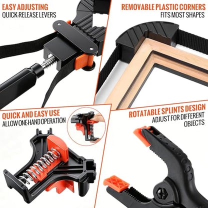 Feekoon 23FT Woodworking Frame Clamp Strap Set, 6 PCS Corner Clamping Kit Include 2 Frame Strap Clamps, 2 Corner Clamps & 2 Spring Clamp for Picture Frames, Cabinets, Drawers