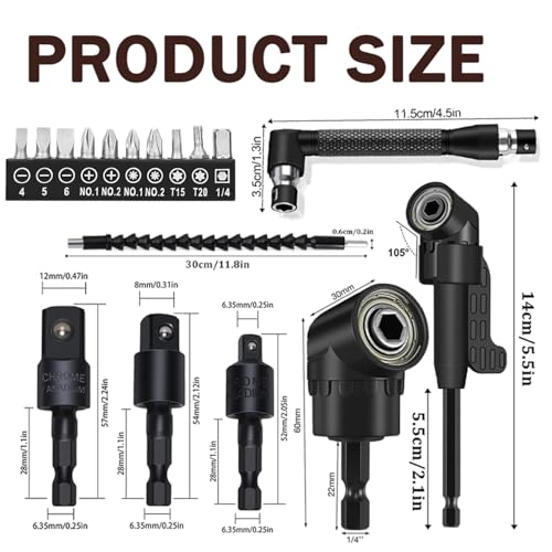 18 Pcs Flexible Drill Bit Extension Set 105° Right Angle Drill Bit Attachment 1/4, 3/8, 1/2 Inch Hex Adapter Socket Socket Wrench Bendable Magnetic Extender Screwdriver Electric Manual Tool - color: 18pcs-1