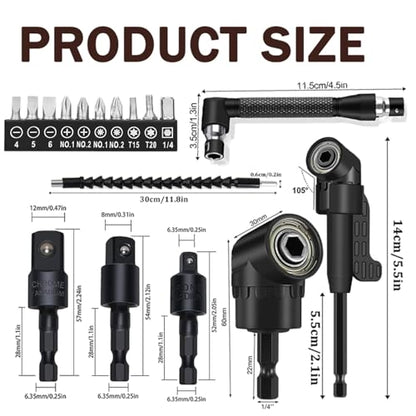 18 Pcs Flexible Drill Bit Extension Set 105° Right Angle Drill Bit Attachment 1/4, 3/8, 1/2 Inch Hex Adapter Socket Socket Wrench Bendable Magnetic Extender Screwdriver Electric Manual Tool - color: 18pcs-1