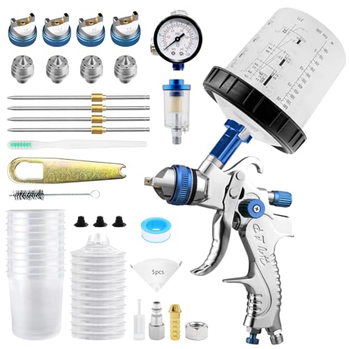 RRJ HVLP Spray Gun Kit, 650ml Mixing Cup& 10x Disposable Cups and Lids, Paint Gun Automotive with 1.4/1.7/2.0/2.5mm Nozzles, Paint Guns for House Painting, Car, Furniture, Fence, DIY - color: Blue