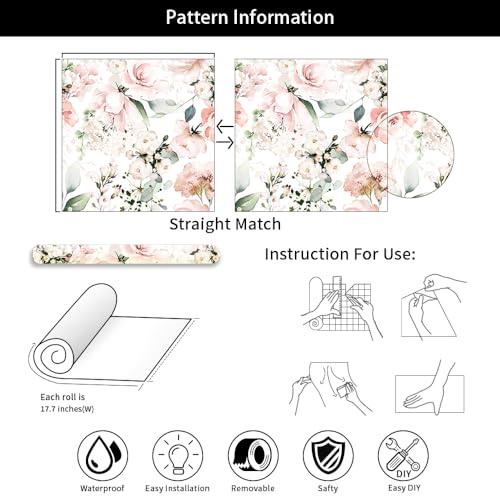MuralPeel Neutral White/Pink/Green Romantic Rose Peony Peel and Stick Wallpaper Self Adhesive Removable Easy Peel Off Stick on Wall Paper for Bedroom Cabinet Renter - color: White Pink Rose, size: 17.7" x 118.1"