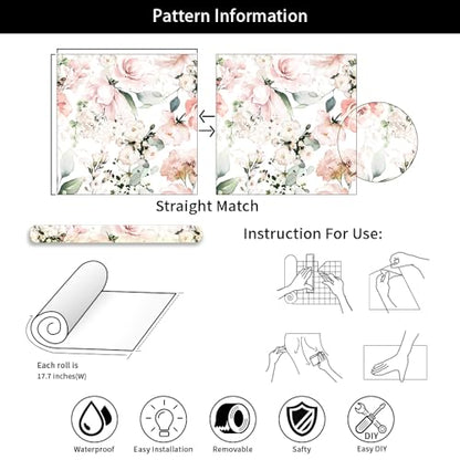 MuralPeel Neutral White/Pink/Green Romantic Rose Peony Peel and Stick Wallpaper Self Adhesive Removable Easy Peel Off Stick on Wall Paper for Bedroom Cabinet Renter - color: White Pink Rose, size: 17.7" x 236.2"