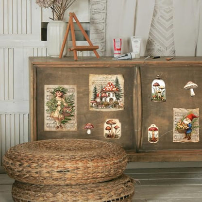 Peacoblue Mushrooms with Gnomes Rub On Transfers for Furniture 6"x12" - style: Vintage Mushrooms with Gnomes