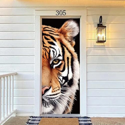 arricraft 2 Sheets Self-Adhesive Door Sticker, 80cmx200cm/31.5x78.7inch Half Tiger Face Pattern Door Murals Stickers PVC Removable Wallpaper Decoration for Bedrooms Living Room - style: Half Tiger Face