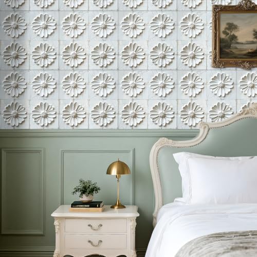 Livelynine 17.5x276 White 3D Peel and Stick Wallpaper Tiles Wall Covering Panels for Kitchen Basement Removable Modern White Bathroom Ceiling Wallpaper Waterproof 3D Floral Contact Paper for Walls - size: 17.5" x 276"