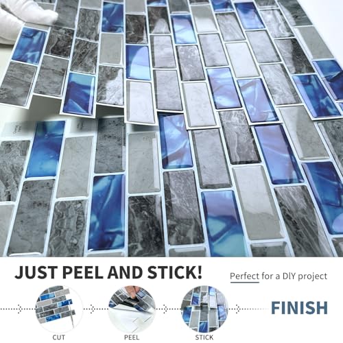 DEWOO Peel and Stick Backsplash 3D Self Adhesive Wall Tile Blue 10 Sheet - color: Marble Blue
