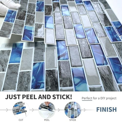 DEWOO Peel and Stick Backsplash 3D Self Adhesive Wall Tile Blue 10 Sheet - color: Marble Blue