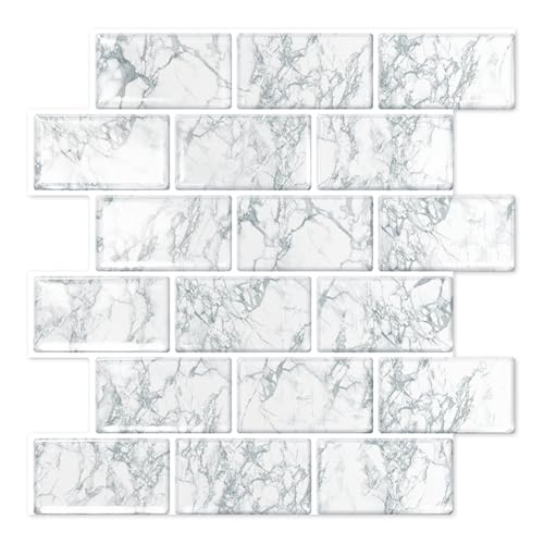 10 Sheets Thicker Design Peel and Stick Backsplash, 12"x12" Peel and Stick Wall Tiles, Subway Look Marble Tiles Backsplash for Kitchen and Bathroom, Snow Flake White - color: Snow Flake White