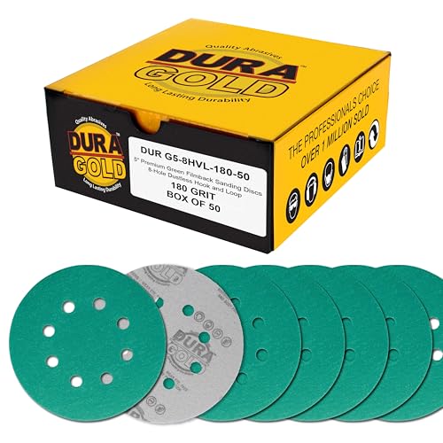 Dura-Gold 5" Green Film Sanding Discs, 180 Grit, 8-Hole, Box of 50, H & L - style: 180 Grit